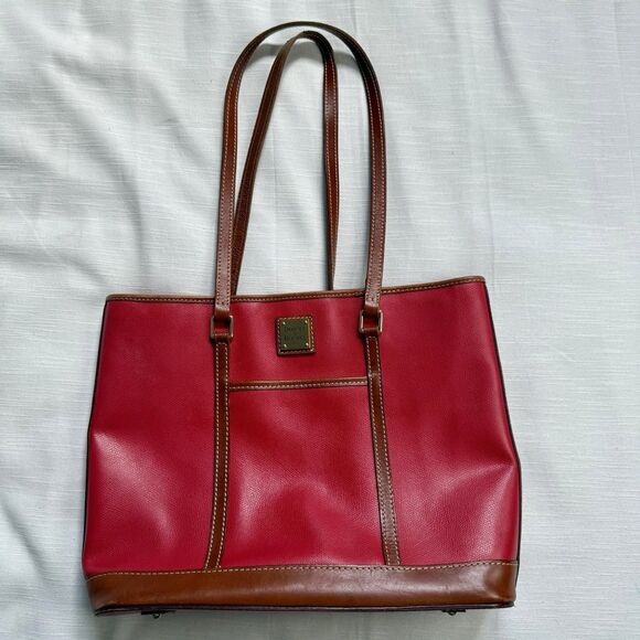 Dooney & Bourke Red And Tan Pebbled Leather Top Zip Medium Size Tote Bag - Picture 1 of 8